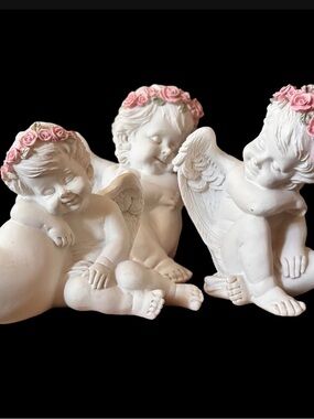 White Cherub Angel Figurines with Pink Rose Crowns - Set of 3